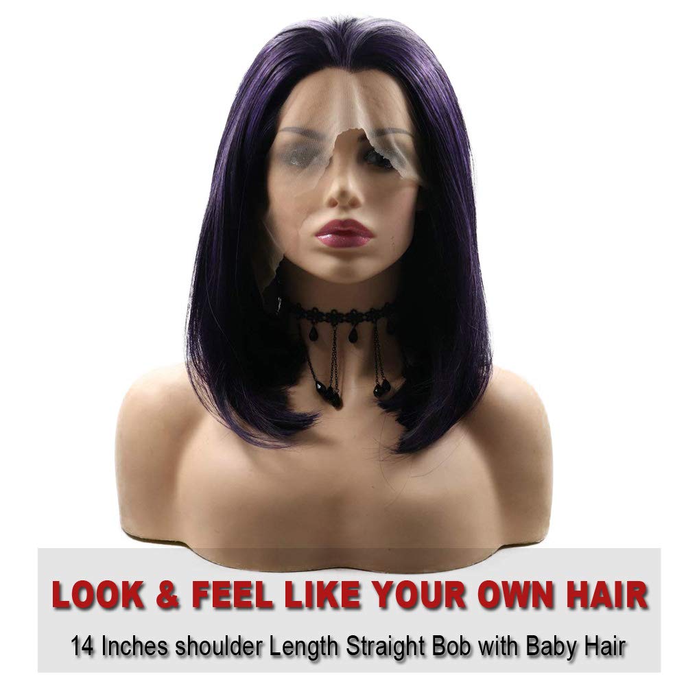 Short Bob Lace Front Wigs with Baby Hair Blend Purple Shoulder Length Natural Hairline Glueless Synthetic Silky Straight Wig for Black Women Heat Safe Fiber Cosplay Costume Daily Summer Wigs 14 Inch