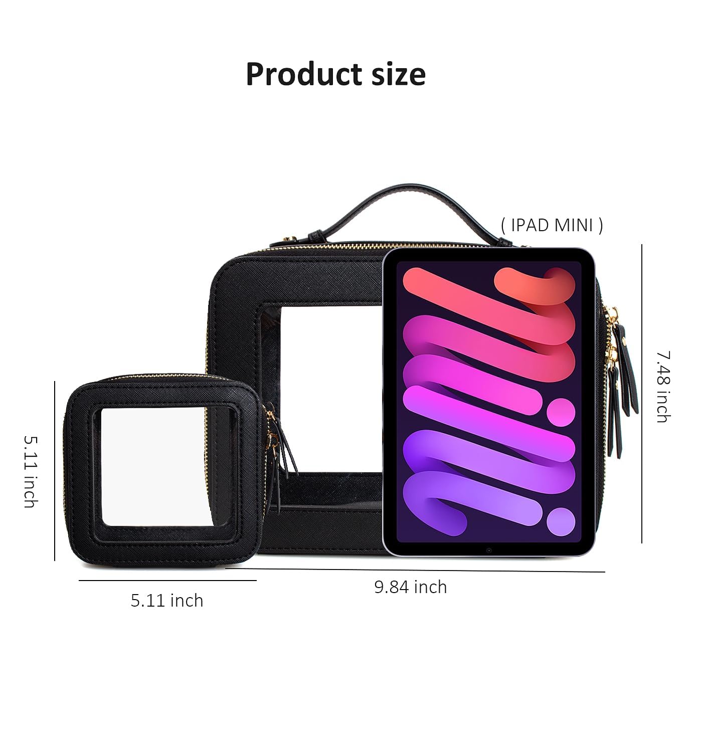 LETGO Clear Makeup Bag Set, Portable Travel Toiletry Bag Cosmetic Case for Women, Vegan Leather Make up Pouch Organizer Car Bag for Essentials (Mini+Large Black)