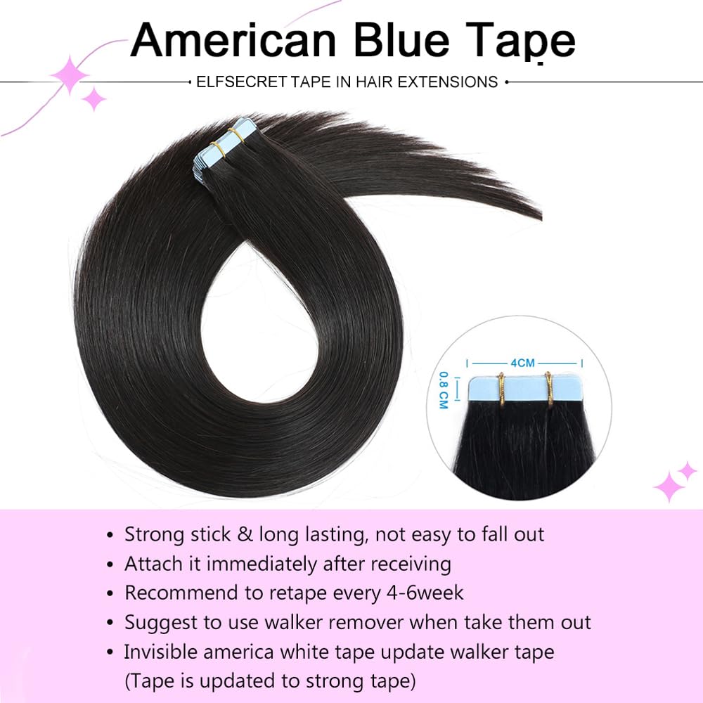 Human Hair Tape In Hair Extensions Natural Black Color Seamless Invisible PU Skin Weft Tape in 100% Real Human Hair Silky Straight Hair Extensions Soft Thick End (20 Inch, #1B Natural Black)