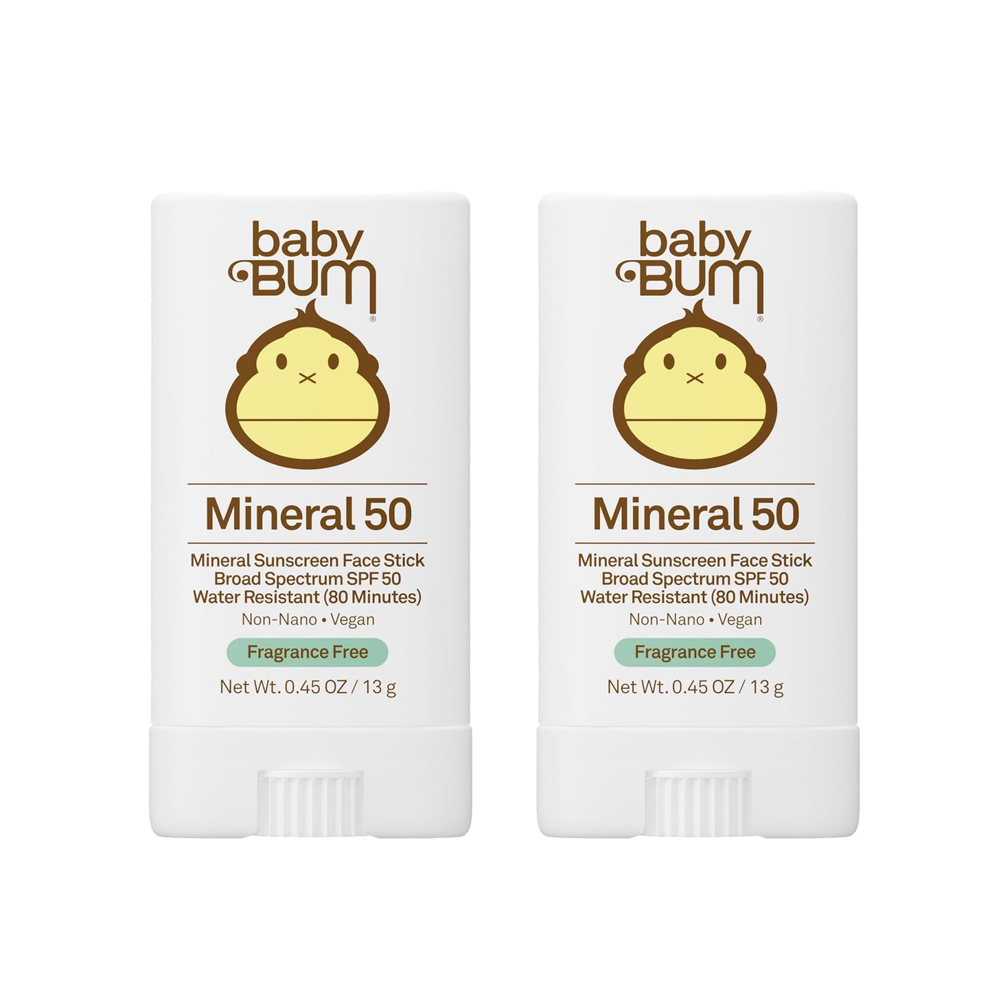 Baby Bum Mineral Sunscreen Face Stick - SPF 50 - UVA,UVB Face and Body Protection - Fragrance Free Safe for Sensitive Skin- Travel Size 0.45 Ounce (Pack of 2)