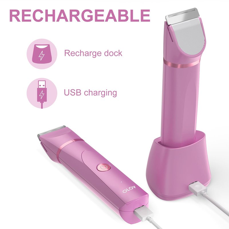 OLOV Electric Body Hair Trimmer - Groin Trimmer for Men - Bikini Trimmer Women - Wet/Dry Shaver Groomer, Replaceable Ceramic Blade Heads, USB Recharge Dock, Waterproof Hygiene Razor, Pink