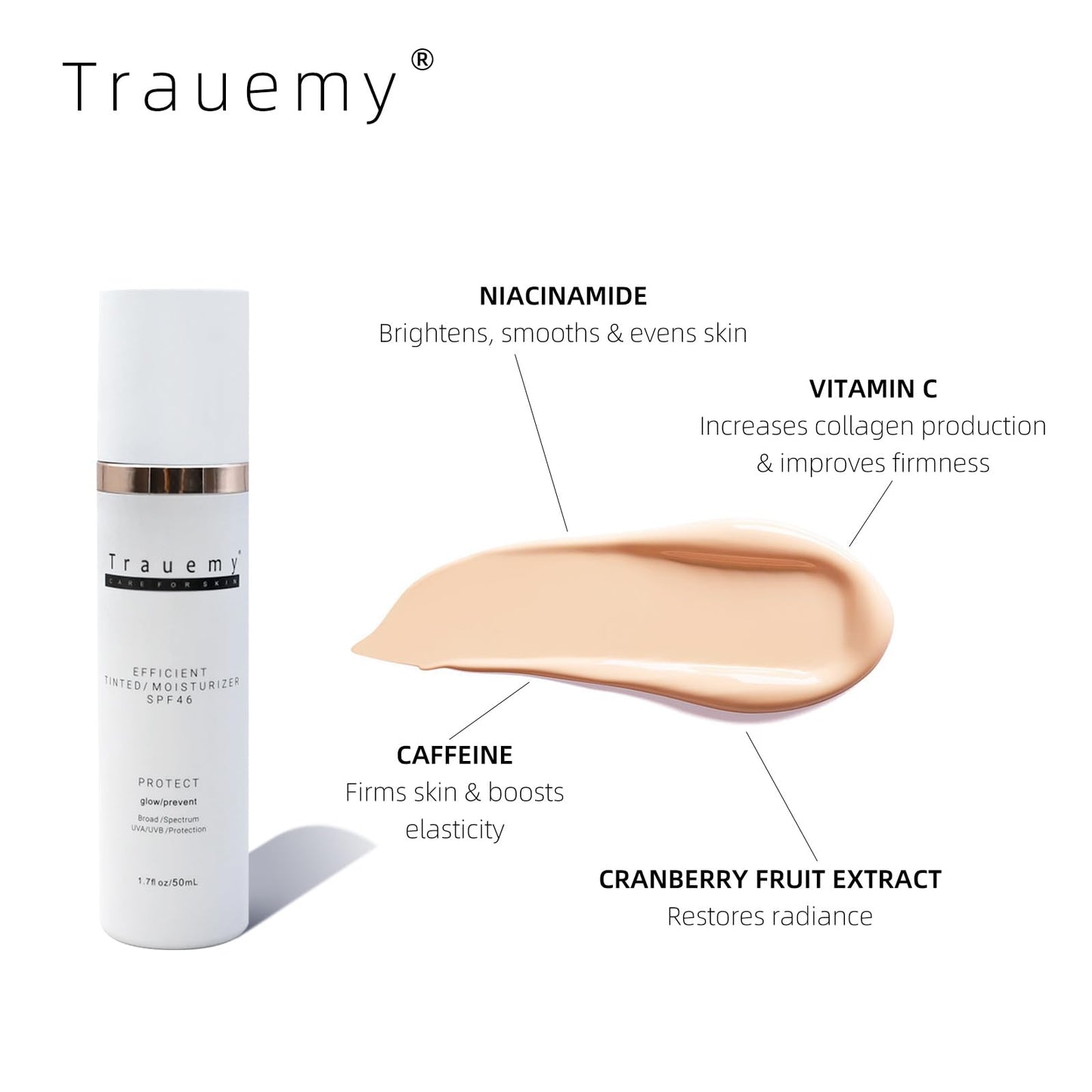Trauemy Anti-Aging Tinted Face Moisturizer Sunscreen SPF 46 & Hydrating Skin Care & Face Moisturizer - Chemical BB Cream, Water-Resistant-Dewy