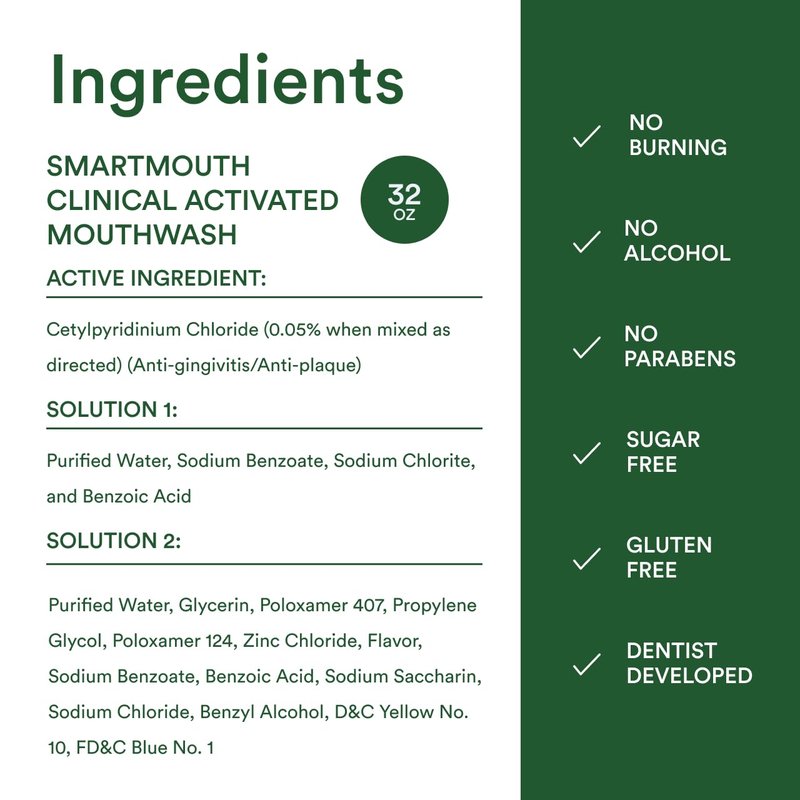 SmartMouth Clinical 2-Bottle Activated Mouthwash System - Anti-Plaque & Anti-Gingivitis for Healthy Gum Support - Clinical-Strength Mouthwash for All-Day Fresh Breath - Alcohol-Free - 16 fl oz Each