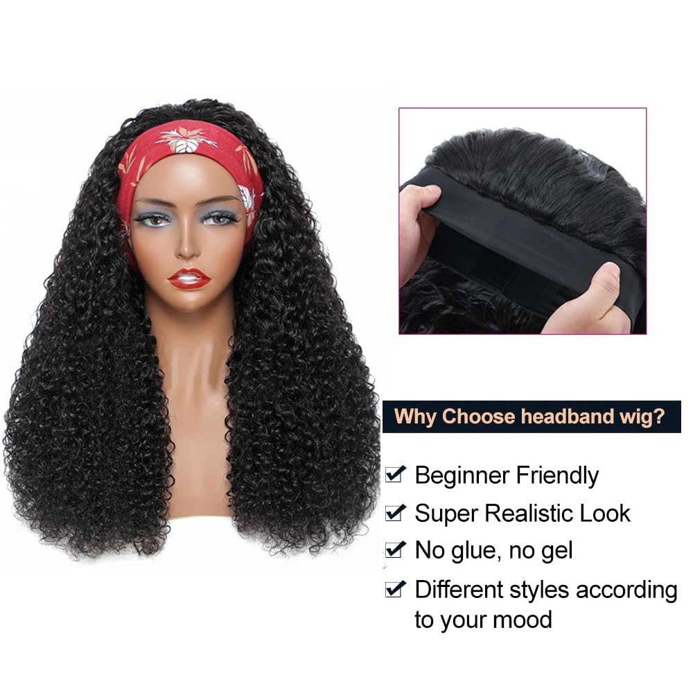 Headband Wig - Human Hair Kinky Curly 12 Inch | Glueless Brazilian Wig for Black Women, 150% Density, Natural Color