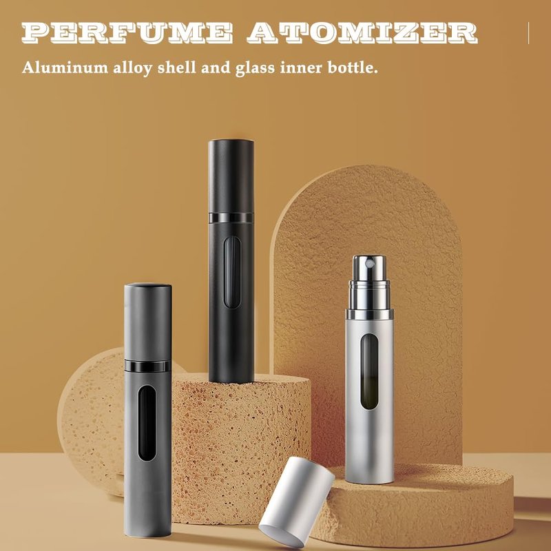 DIOHIO 8ml Perfume Atomizer Travel Refillable,Mini Cologne Dispenser, Bottom-Filling Fragrances Perfumes Bottle,Portable Sprayer Pocket Size for Women Men Cruise Car Trip Gift 2pcs (Black-Silver)