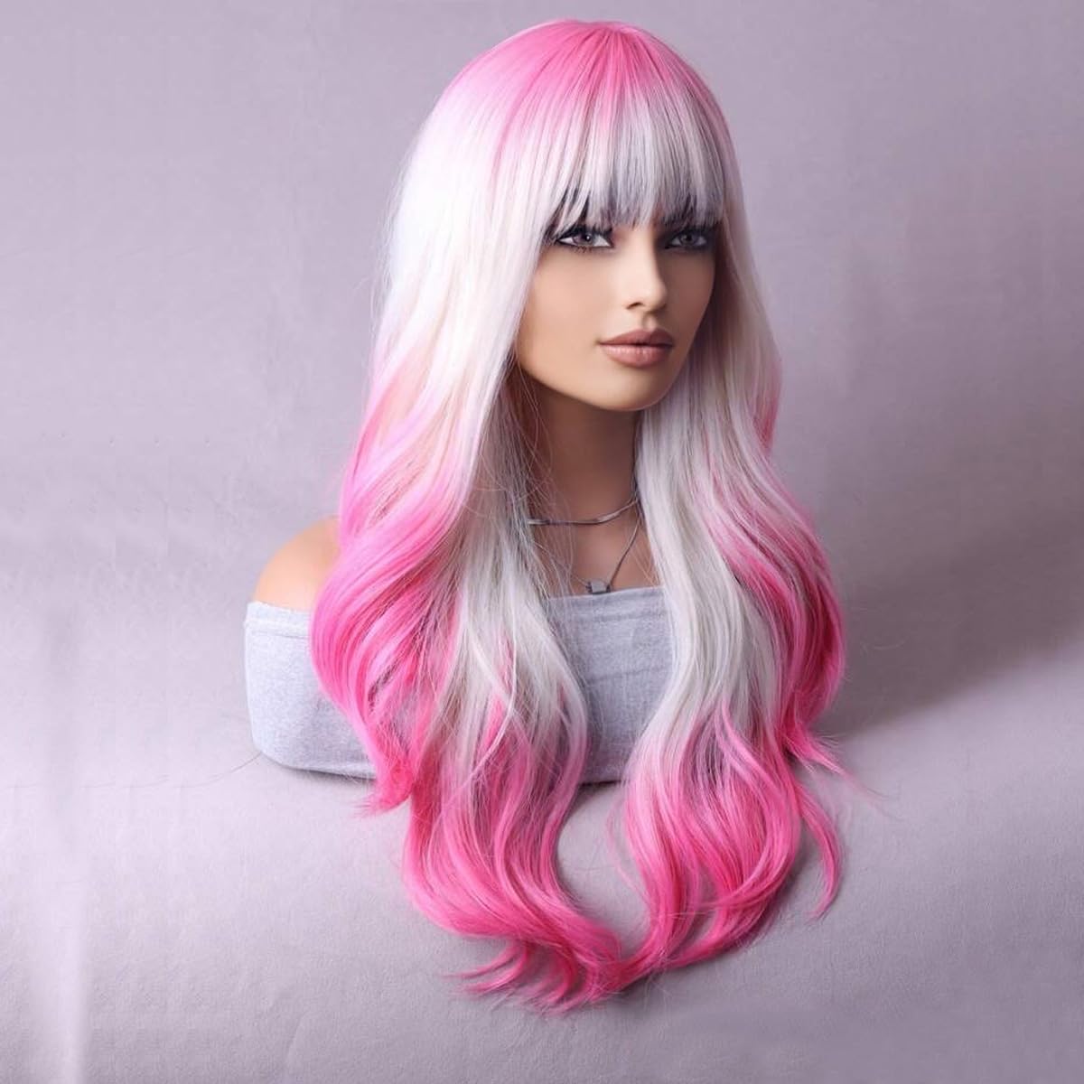 MAGQOO Hot Pink Blonde Ombre Wigs Women Girls Dark Pink White Ombre Wig with Bang Two Tones Colorful Wig Halloween Cosplay Costume Party