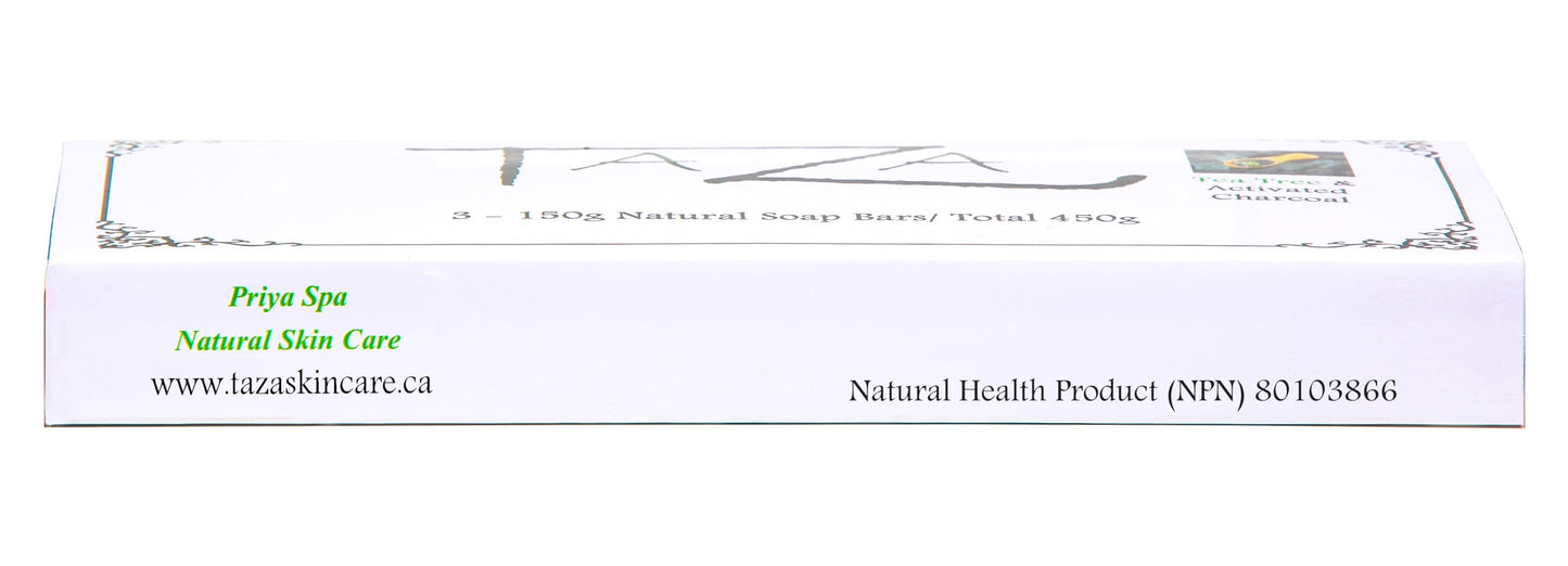 Taza Premium Tea Tree & Charcoal Natural Soap (Pack of 3) Each 5.3 oz (150 g) For Powerful Cleansing Contains: Tea Tree OIl, Activated Charcoal & Coconut, Olive & Palm Fruit Oils, Mango Butter