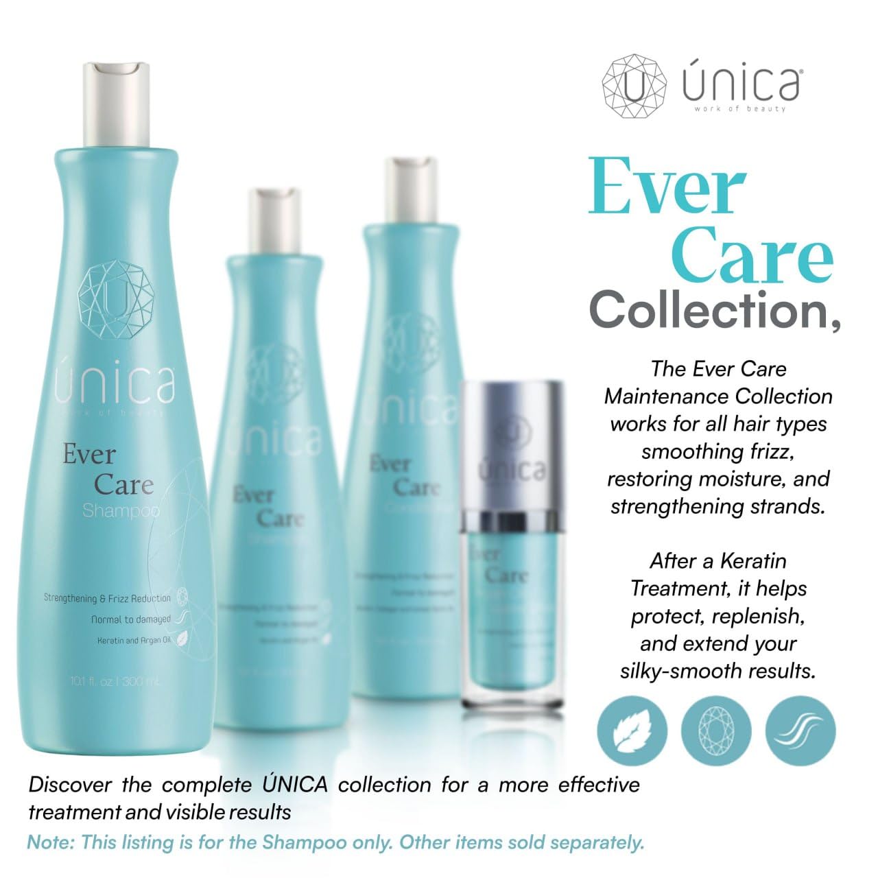 UNICA Work of Beauty Ever Care Smoothing Shampoo – Keratin, Collagen & Argan Oil for Frizz Control, Repair & Hydration – Daily Lightweight Cleanser for Dry, Curly & Damaged Hair – 10 oz