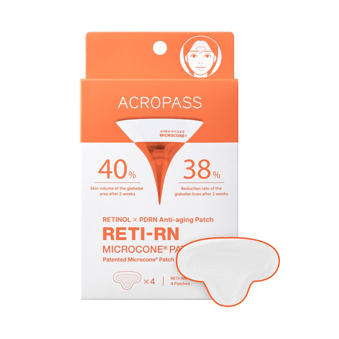 Wrinkle Patches ACROPASS RETI-RN Microcone, Deep Wrinkle, PDRN 10,000 ppm, Retinol 3,300 IU/g, Hyaluronic Acid, Anti-Aging (T shape, 4 Count)