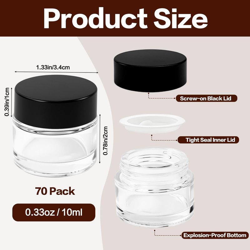 Seuqhck 70 Pack 10ml Small Clear Jars with Black Lids, Empty Glass Cosmetic Containers with Liners Round Bulk Airtight Cream Bottle for Beauty Product Samples, Travel, Storing Lotions, Essences
