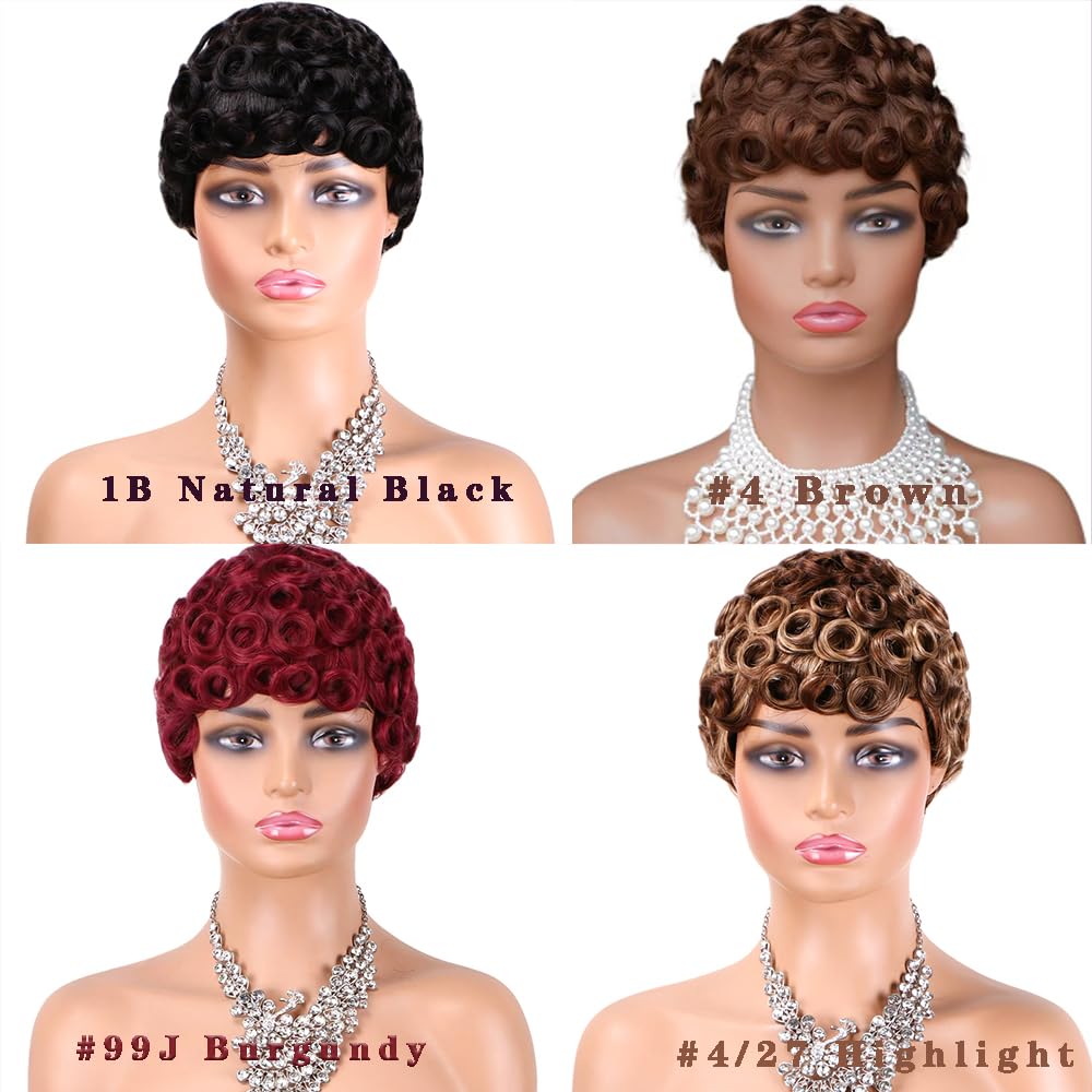 SeFiSha Short Layered Pixie Cut Wig Human Hair Wear and Go Glueless Curly Human Hair Wigs With Bangs for Women Full Machine Made None Lace Front Wigs Human Hair Natural Black Color