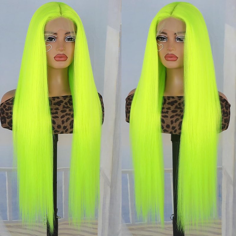 Aubree Fluorescent Green Wigs for Women Neon Green Long Straight Lace Front Synthetic Wigs with Baby Hair Glueless Heat Resistant Hair Replacement for Cosplay Party Christmas gift