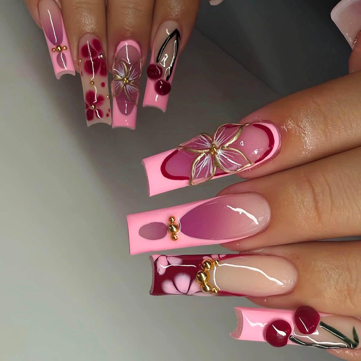 Red Long Square Press-On Nails - French Tip & Flower Design | 24 Pcs Set for Women