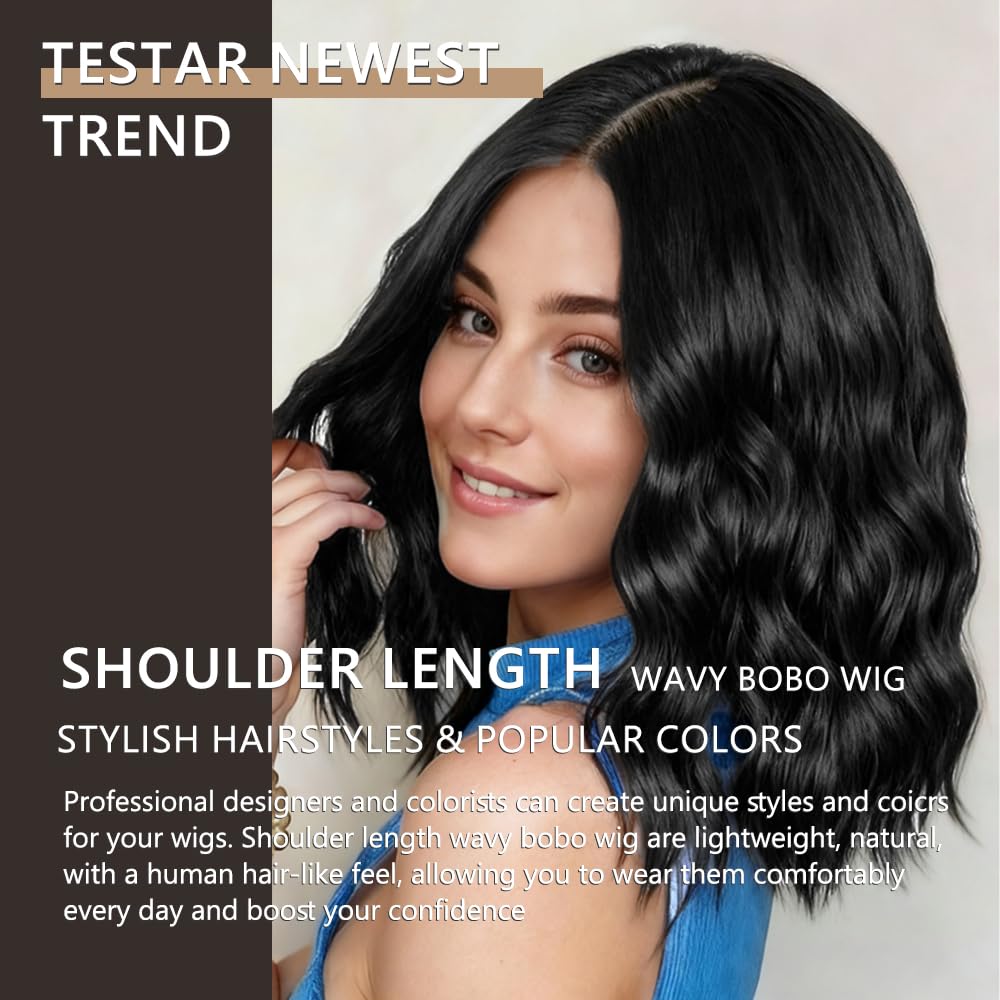 Black Wig for Women Pre Cut Hand-Tied Lace Short Wigs for Women Wavy Natural Hairline Middle Part Hair Replacement Wigs for Beginners 14 Inch Natural Bob Style Synthetic Wig 3 Seconds Wear for Daily