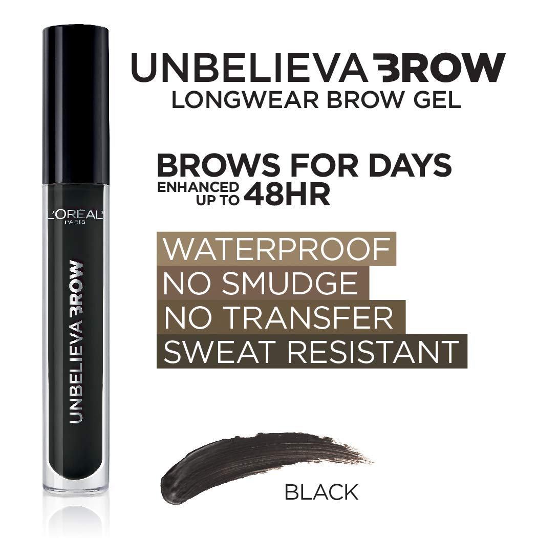 L'Oreal Paris Unbelieva-Brow Waterproof Tinted Brow Gel - Smudge-Resistant, Quick Drying, Black, 0.15 fl. oz.