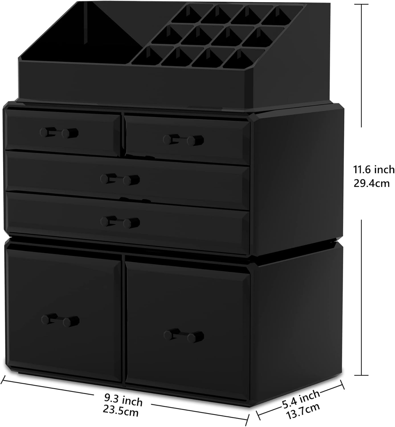 Makeup Organizer - 3-Piece Cosmetic Storage Case with 6 Drawers | Black
