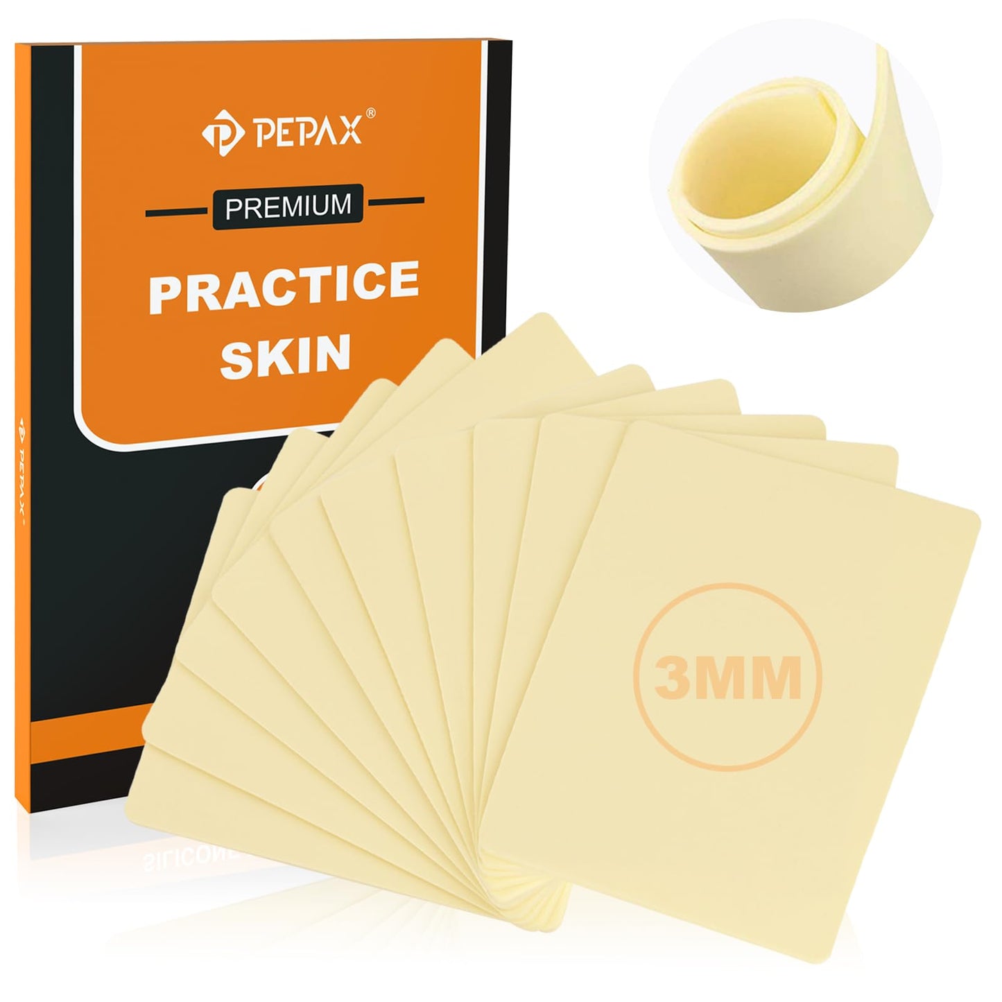 PEPAX 10Pcs Tattoo Practice Skins, 3mm Thick Fake Skin 6"x8" - Realistic Reusable Silicone Sheet for Beginners & Professional Artists Tattoo Skin with Storage Box