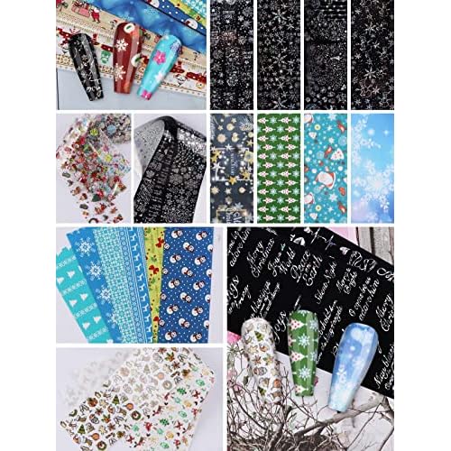 Kalolary 100 Sheets Christmas Nail Foil Transfer Stickers, Snowflakes Snowman Santa Claus Holographic Laser Nail Art Foils Decals for New Year Winter Nail Art Decoration