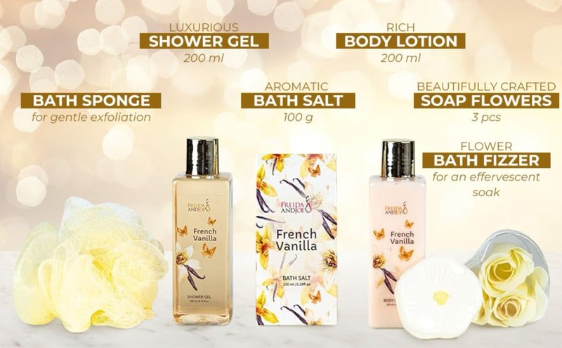 Elegant Bath Set in High Heel Shoe – Luxurious Spa Gift Basket for Women, Includes Shower Gel, Body Lotion, Bath Salts, Soap Flowers, Bath Fizzer & Sponge (French Vanilla) – Mother's