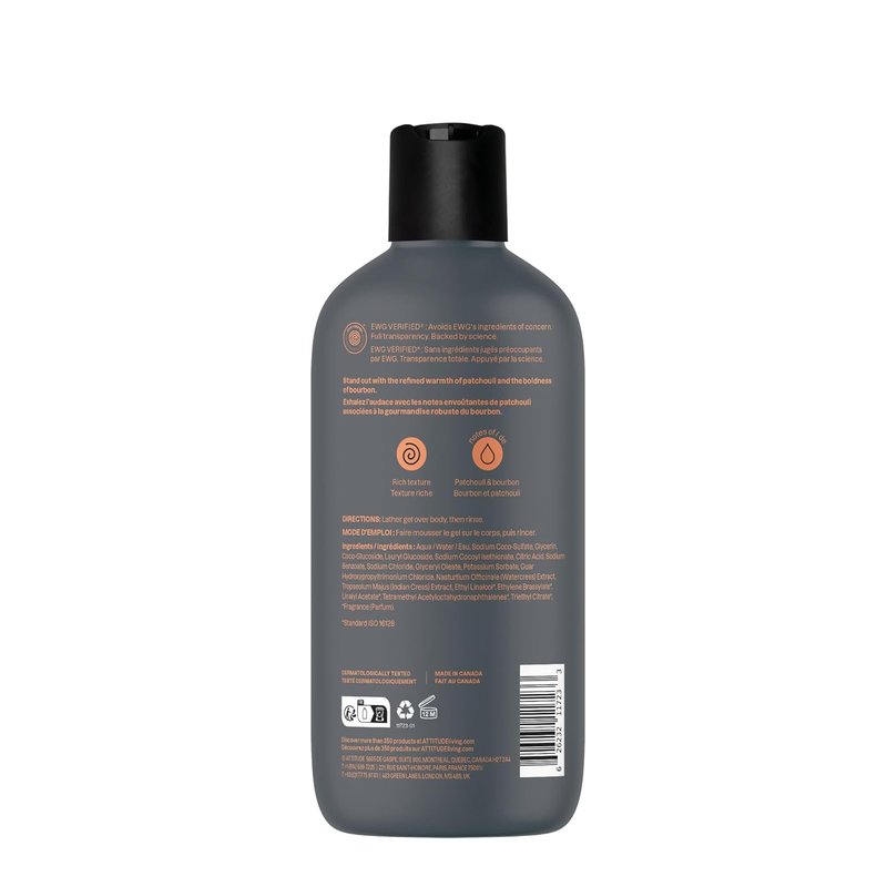 ATTITUDE Men's Shower Gel - 98% Natural Ingredients, EWG Verified | Patchouli & Bourbon, 14 Fl Oz