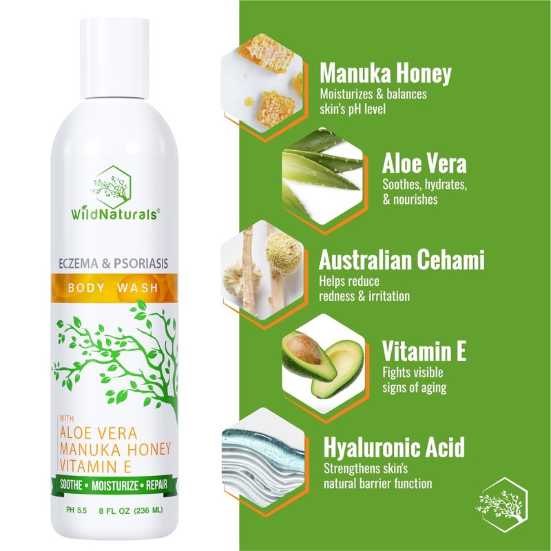 Wild Naturals Moisturizing Eczema Body Wash, Gentle Psoriasis Body Wash for Itchy, Dry Skin Relief Eczema Soap for Redness and Flareups, Hydrating Cleanser for Women and Men