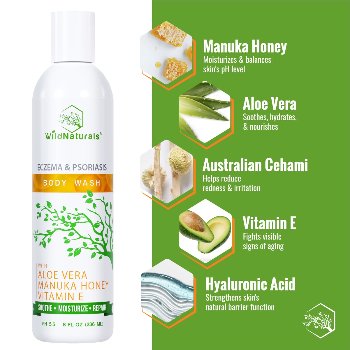 Wild Naturals Moisturizing Eczema Body Wash, Gentle Psoriasis Body Wash for Itchy, Dry Skin Relief Eczema Soap for Redness and Flareups, Hydrating Cleanser for Women and Men