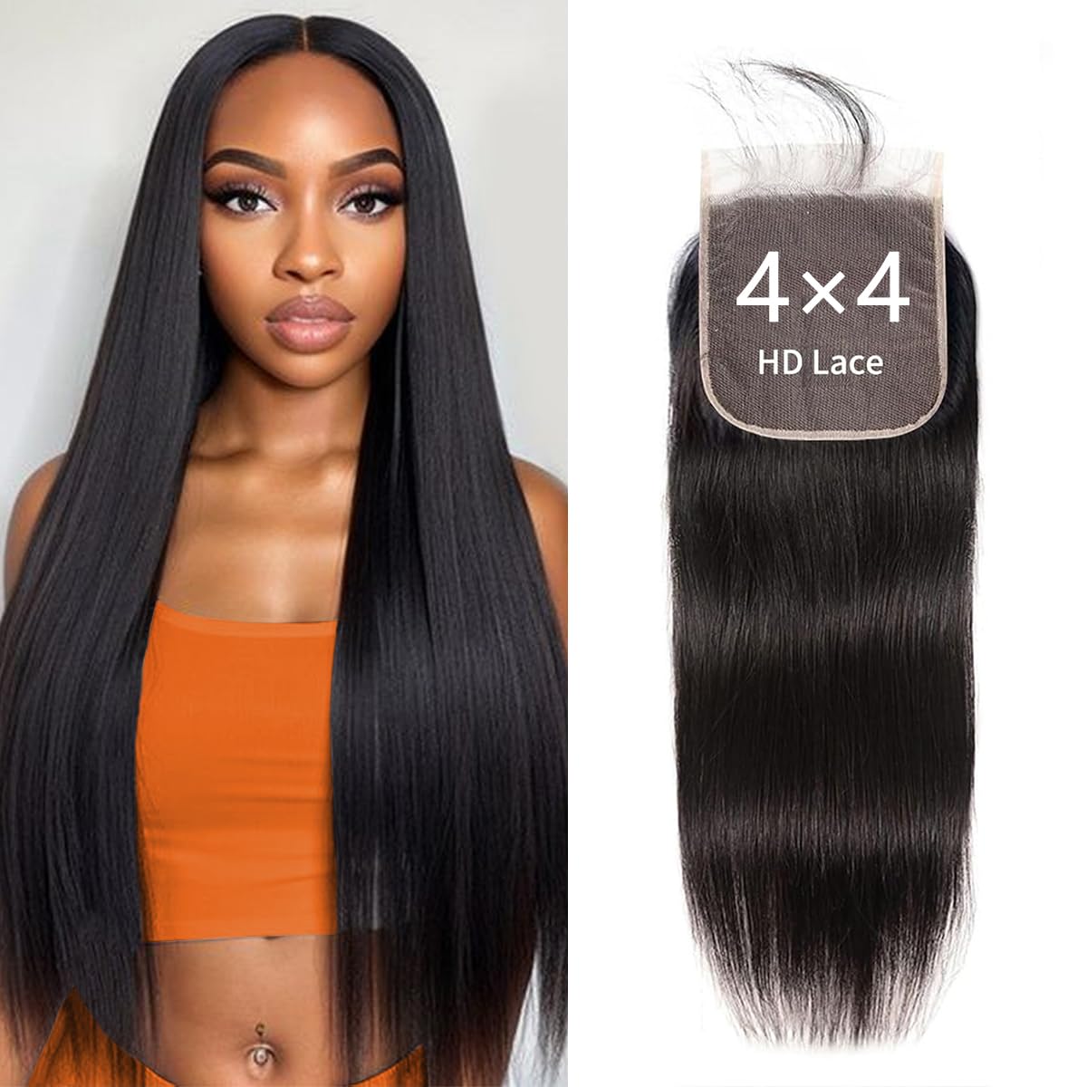 4X4 Straight HD Lace Closure Human Hair Extensions 12A Brazilian Virgin Human Hair Frontal Free Part Closure Pre Plucked with Baby Hair Natural Black 16 Inch