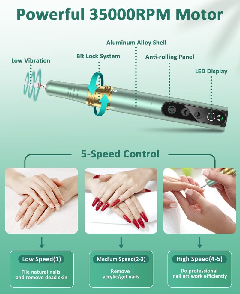 YBLNTEK Cordless Nail Drill, 35000RPM Rechargeable Nail Drill Machine for Acrylic Gel Nails, Portable Electric Nail File Kit for Home Salon Manicure Pedicure and Polishing, Green