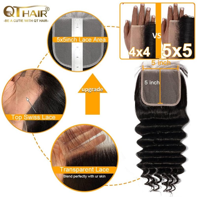 QTHAIR 5x5 Deep Wave HD Lace Closure 16" Invisible Knots 5x5 Swiss Lace Closure Deep Wave Human Hair Pre-Plucked with Baby Hair Curly Closure for Deep Wave Bundles Human Hair