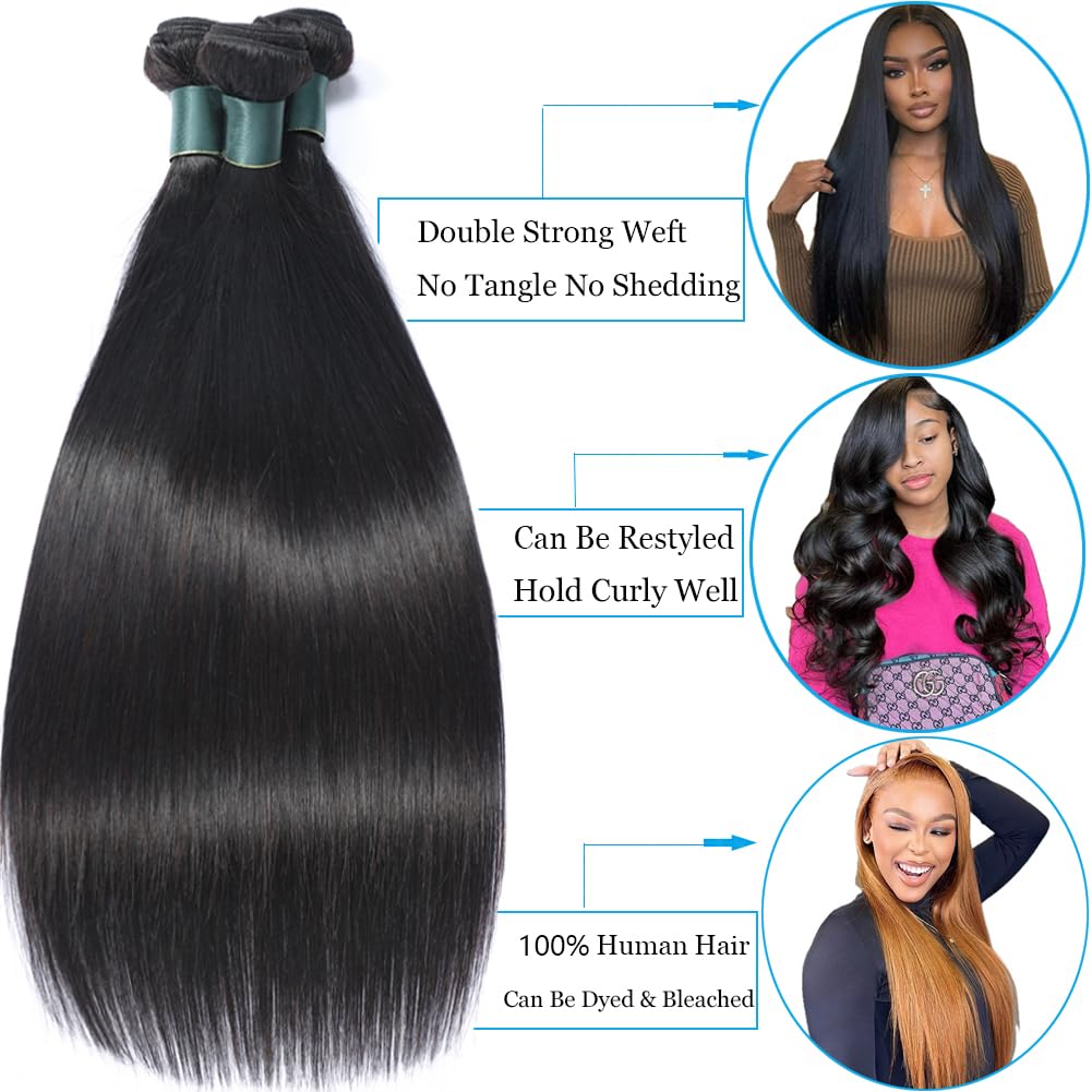 Brazilian Straight Human Hair Bundles 24 Inch 1 Bundle Human Hair Weave 12A 100% Unprocessed Virgin Hair Extensions Single Bundle Natural Black Color