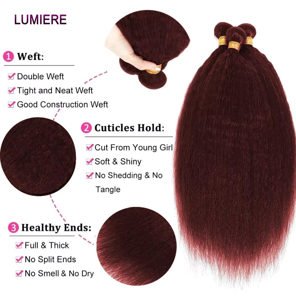 99J Burgundy Human Hair Bundles - Kinky Straight Brazilian Remy Hair Extensions | 20, 22, 24 Inch, 50g Each