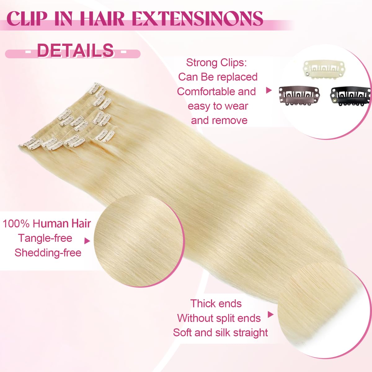 POGINJA Clip in Hair Extensions Real Human Hair, Remy Human Hair Extensions Clip ins for Women, 100% Natural Human Hair, Double Weftm, 14inch 80g 8Pcs, #60 Platinum Blonde