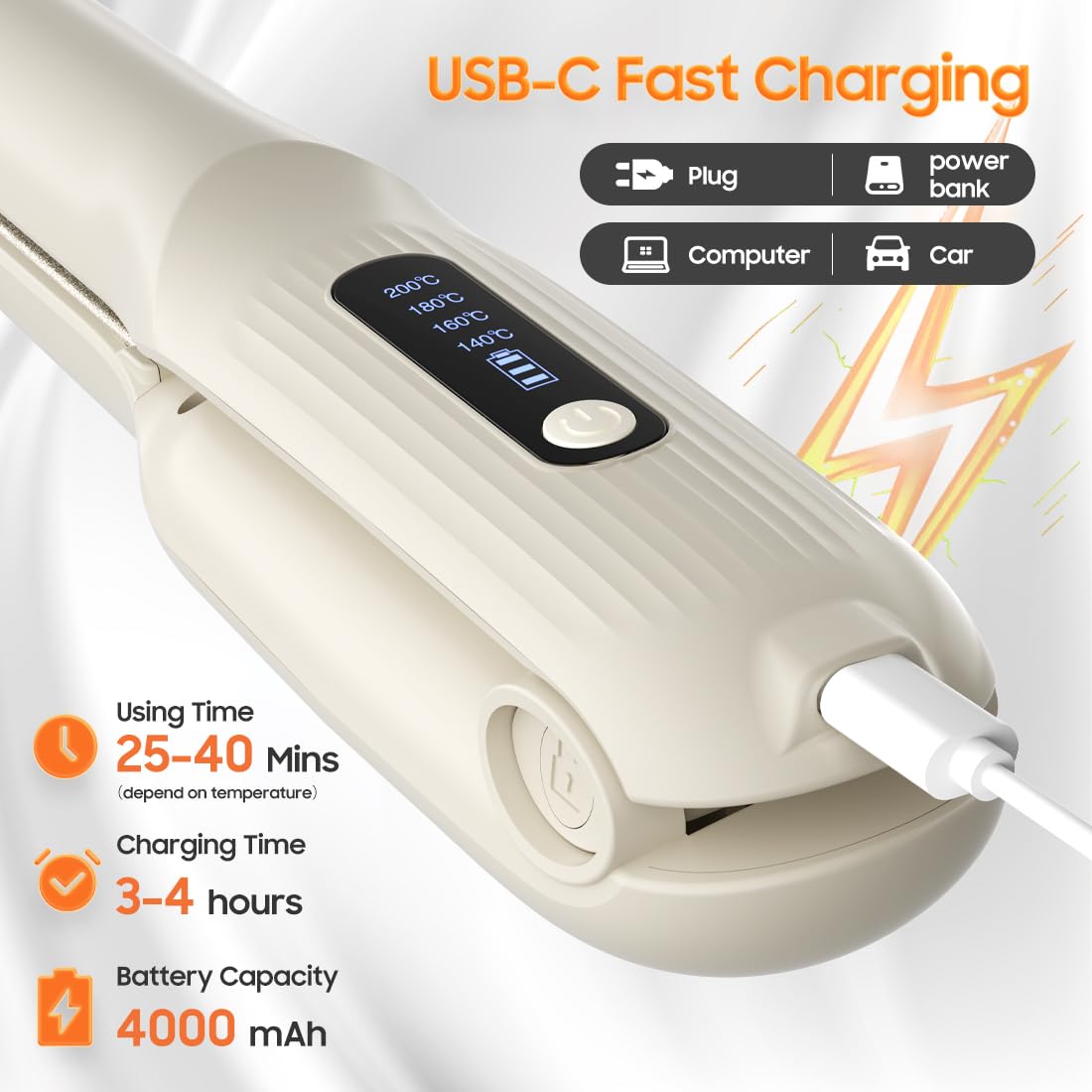 Cordless Hair Straightener, Portable Flat Iron for Travel, 2 in 1 Hair Styling Tools for straightening and Curling, Lightweight on-The-go, 4000 mAh Battery, Fast USB-C Charging (White)