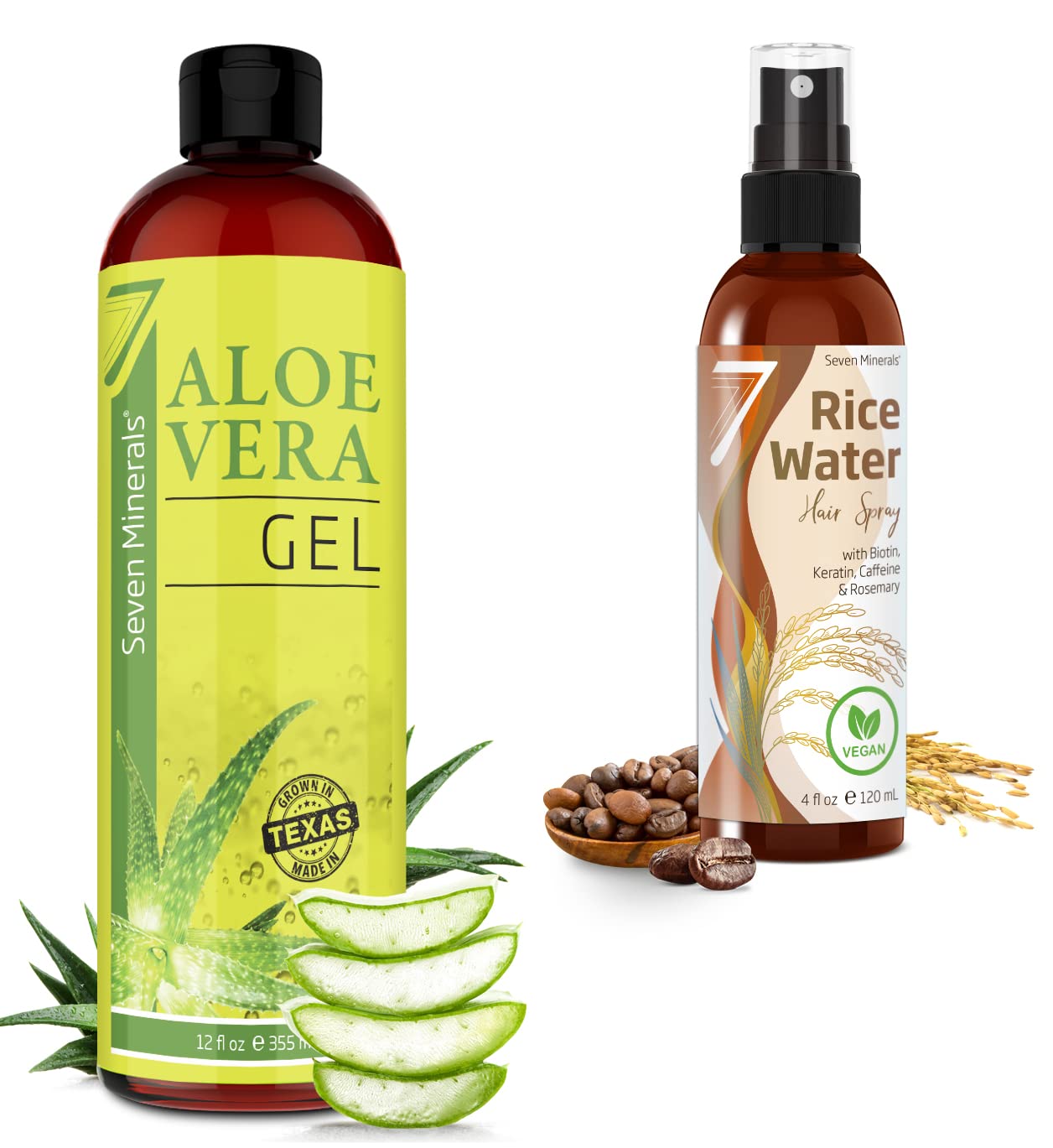 Seven Minerals, Organic Aloe Vera Gel & Fermented Rice Water blended with Rosemary, Biotin, Caffiene, and Keratin