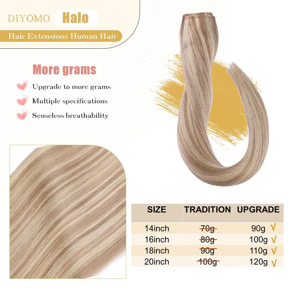 Halo Hair Extensions Real Human Hair -Light Blonde Golden Blond Real Remy, Halo Extensions Human Hair 12inch 70g