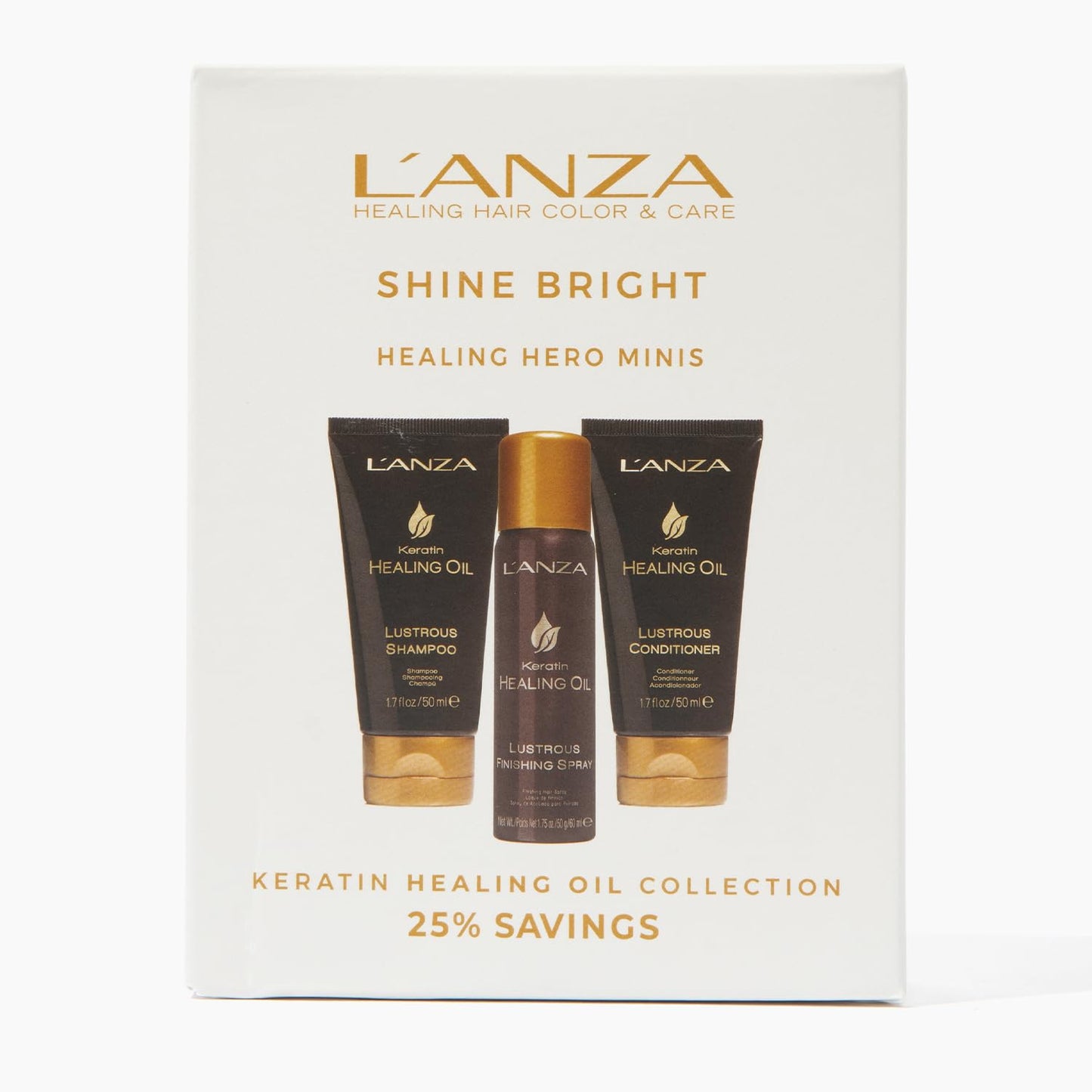 L'ANZA Keratin Healing Oil Mini Trio Hair Kit, Lustrous Keratin Shampoo, Conditioner & Finishing Hairspray in a Gift Box, Luxury Hair Care Kit for Dry, Damaged Hair (1.7/1.7/2 Fl Oz)