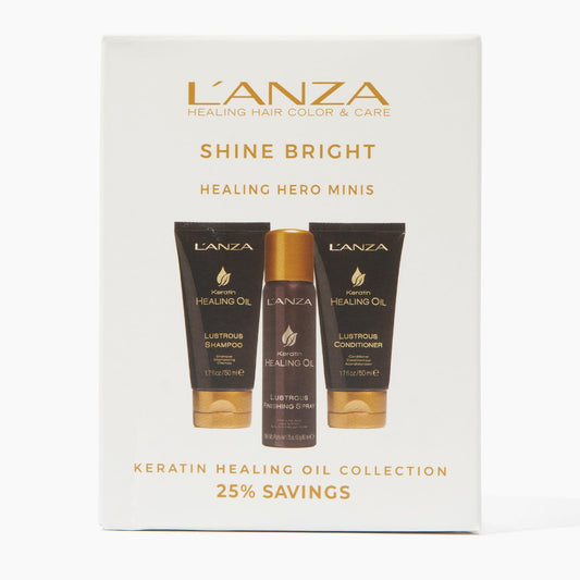 L'ANZA Keratin Healing Oil Mini Trio Hair Kit, Lustrous Keratin Shampoo, Conditioner & Finishing Hairspray in a Gift Box, Luxury Hair Care Kit for Dry, Damaged Hair (1.7/1.7/2 Fl Oz)