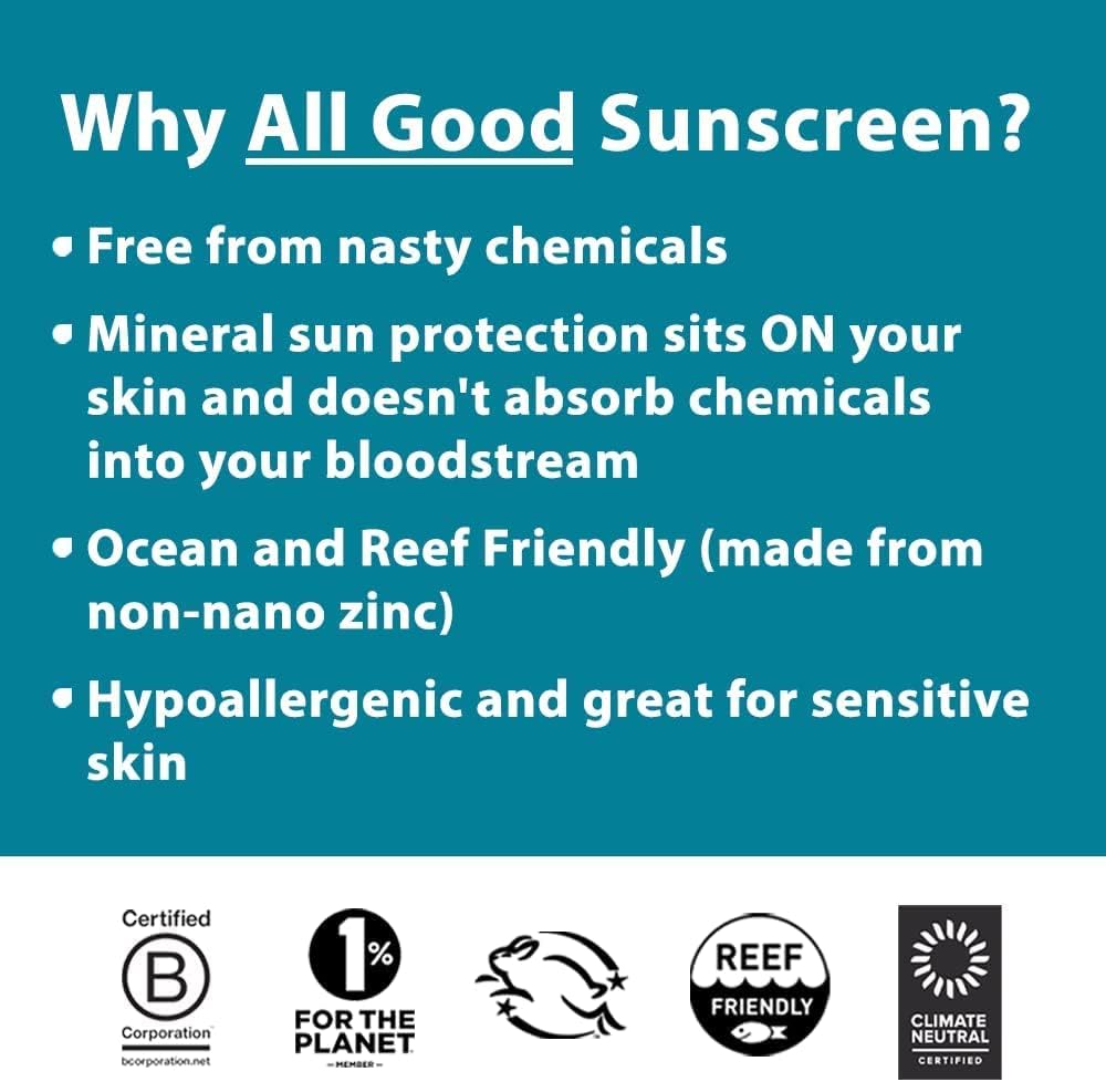 All Good Sport Sunscreen Lotion - Zinc Oxide - Coral Reef Safe - Water Resistant - UVA/UVB Broad Spectrum - SPF 30