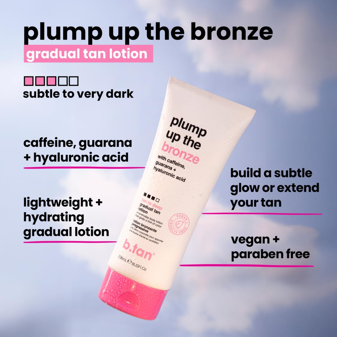 b.tan Dark Gradual Self Tanning Lotion | Plump Up the Bronze Everyday Glow Lotion - Develop a Bronzed Glow, Sunless Tanner Infused With Hyaluronic Acid, No Fake Tan Smell 8 Fl Oz