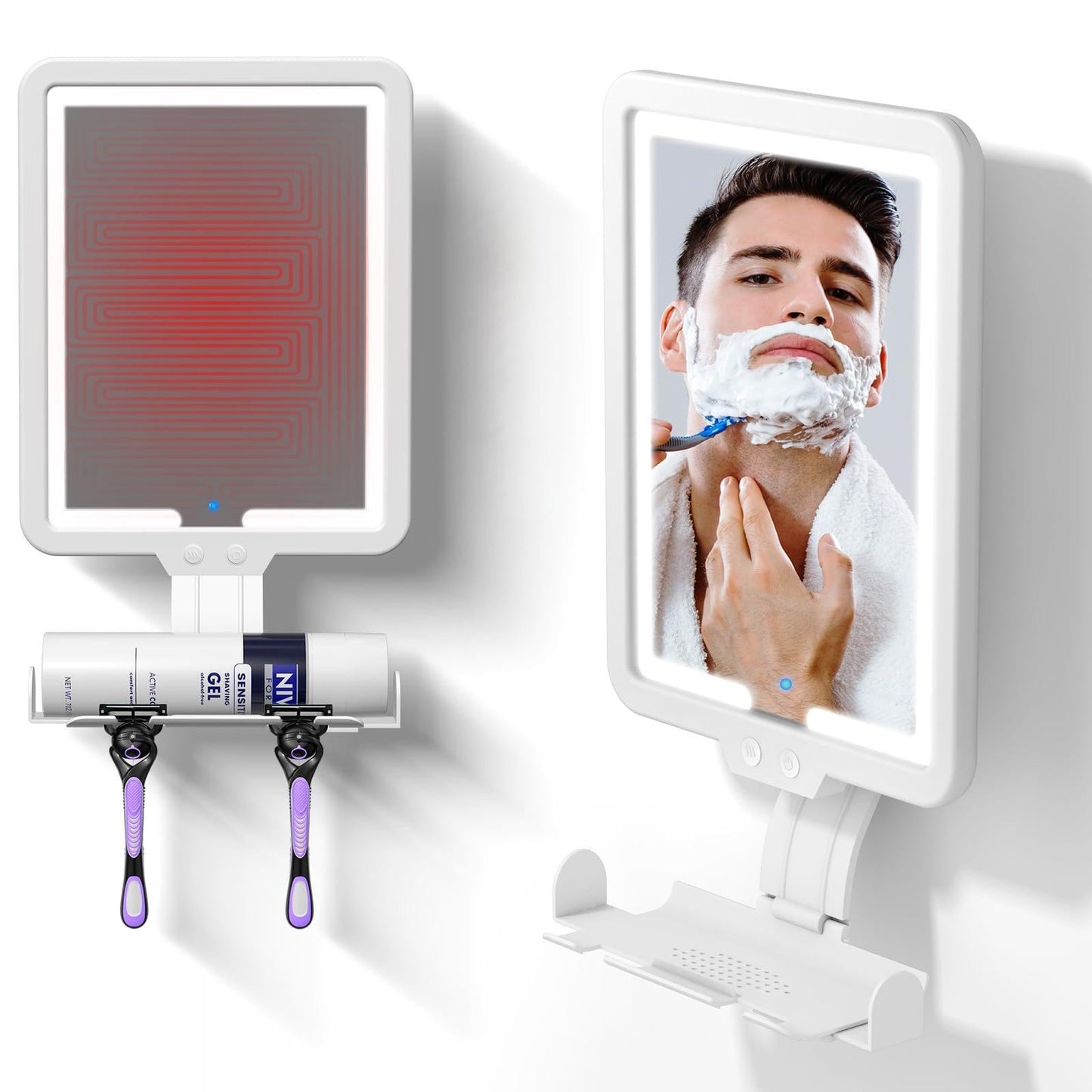 Junyaoxuan Heated Anti-Fog Shower Mirror, LED Shaving Mirror Fogless with 3 Color Modes, 9.5x8 Inch Dimmable, Hanging Rechargeable, Wall Mountable, Modern Frameless Rectangular Shower Mirror