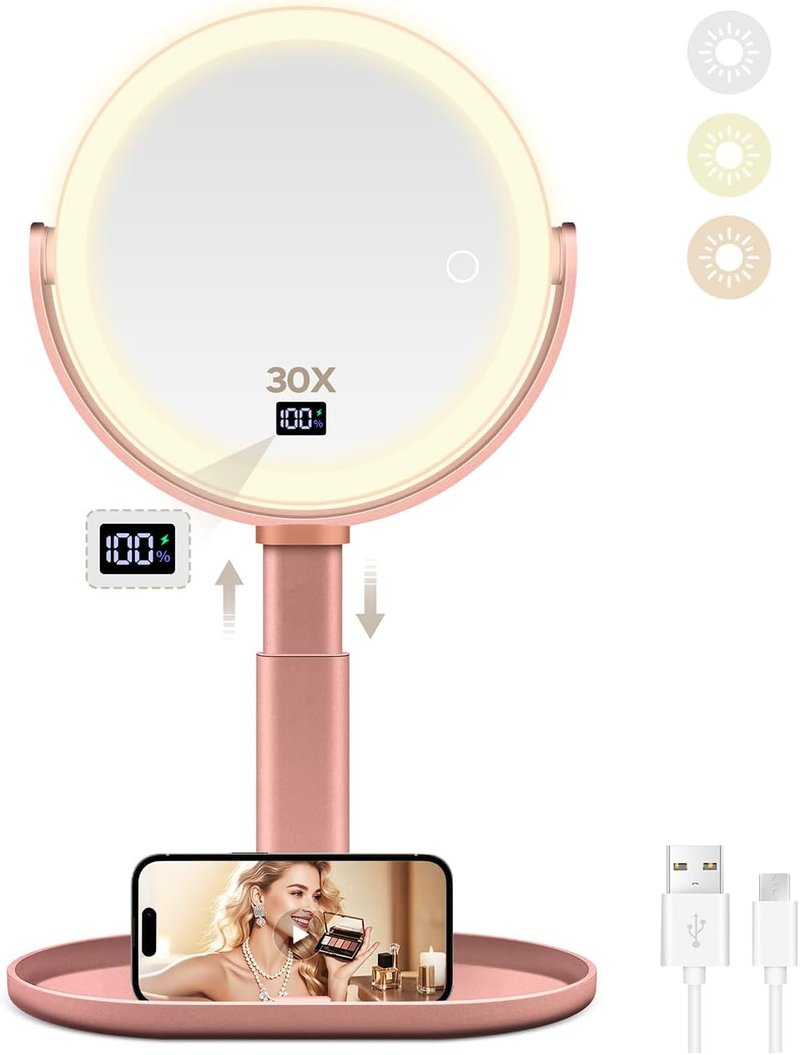 Makeup Mirror with Lights - 30X/1X Magnifying, Height Adjustable | Detachable Travel Vanity Mirror in Rose Gold