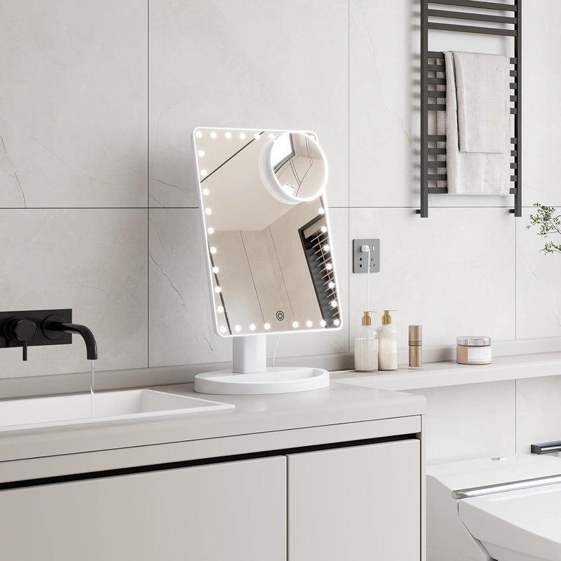 FUNTOUCH Large Lighted Makeup Mirror with Lights, Light Up Mirror with Small 10x Magnification for Desk, 360°Rotation Touch Screen,Brightness Adjustable Tabletop Cosmetic Vanity Make Up Mirror