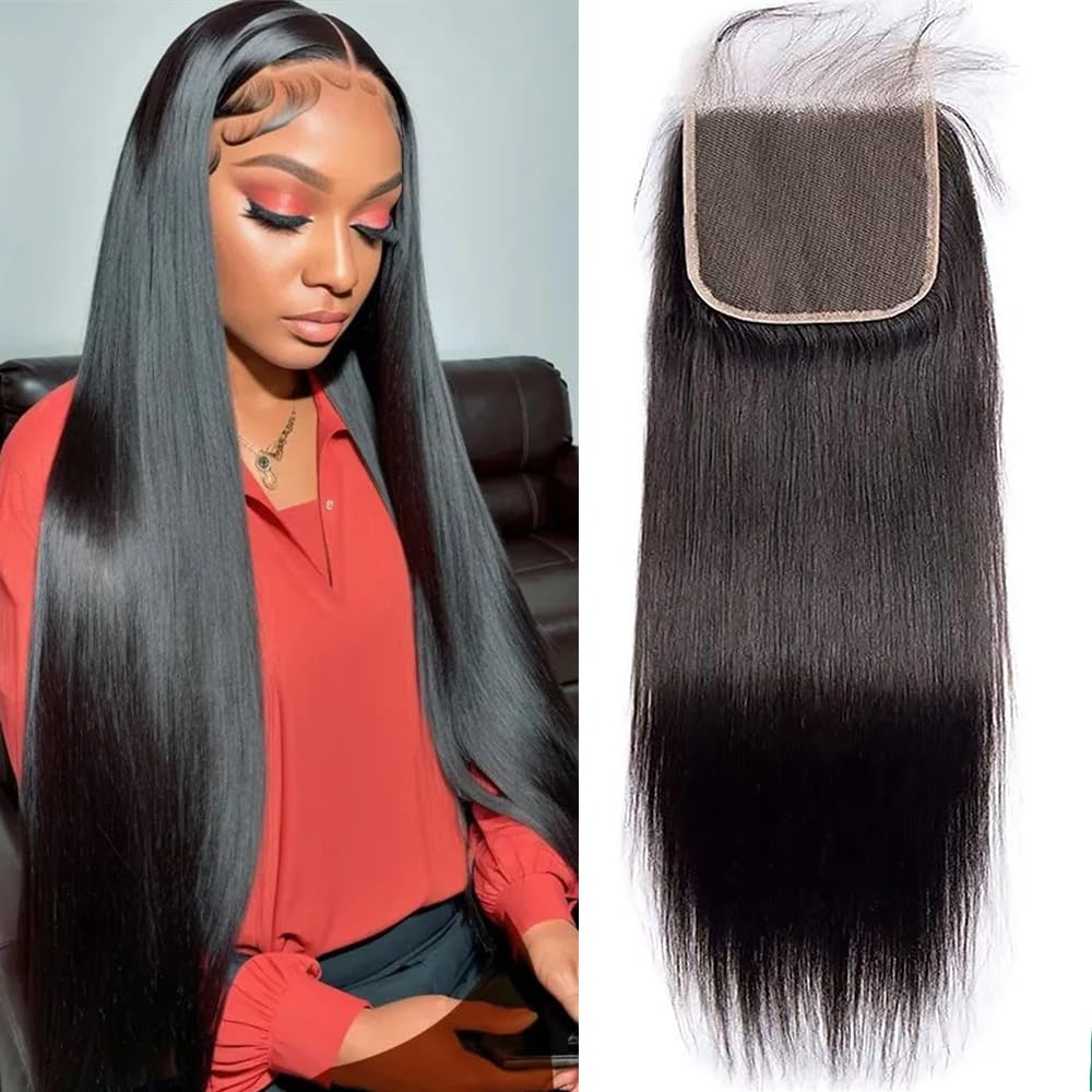 4X4 Straight HD Lace Closure Human Hair Extensions 12A Brazilian Virgin Remy 100% Unprocessed Human Hair Frontal Free Part Closure Only Pre Plucked With Baby Hair Natural Black 16 Inch