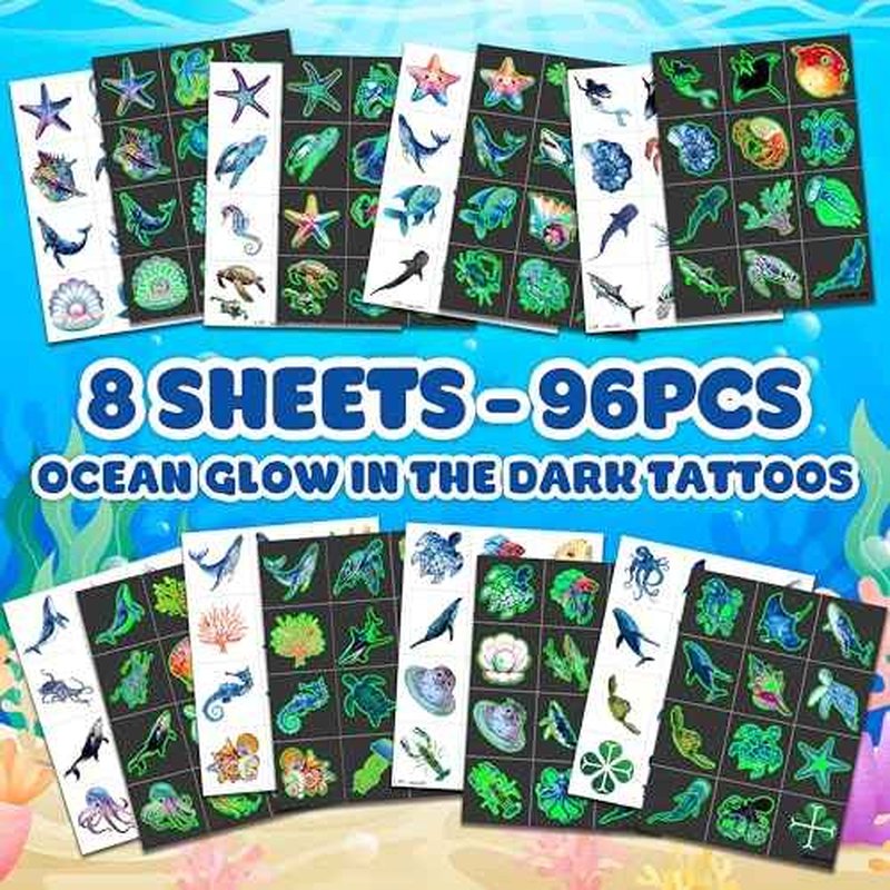 96 PCS Ocean Pre?Cut Luminous Temporary Tattoos Themed Birthday Party Decorations Favors Supplies D?cor Glow In The Dark Shark Sea Turtle Tattoo Stickers Gifts For Game Boys Girls (Glow in the Dark)