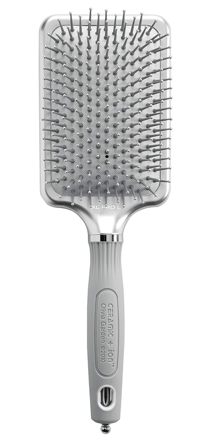 Olivia Garden Ceramic + Ion XL Pro Hair Brush - Paddle Brush for All Hair Types - Smooths and Adds Shine, Large Paddle, Silver