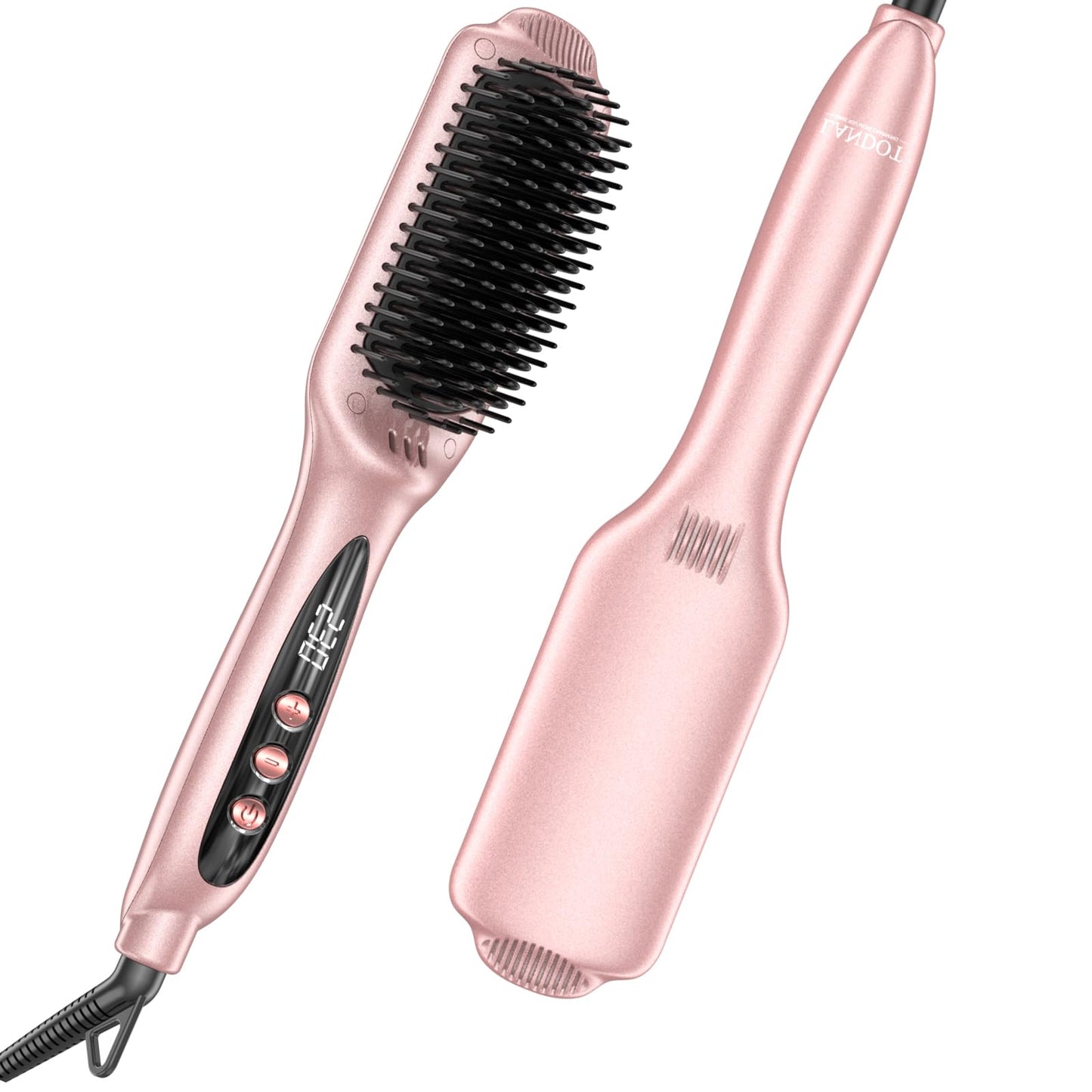 LANDOT Ionic Hair Straightener Brush – Ceramic Straightening Brush with 12 Heat Settings (250-450°F) for Smooth & Shiny Results, Ideal for Medium & Long Women Hair, Dual Voltage, Rose Gold