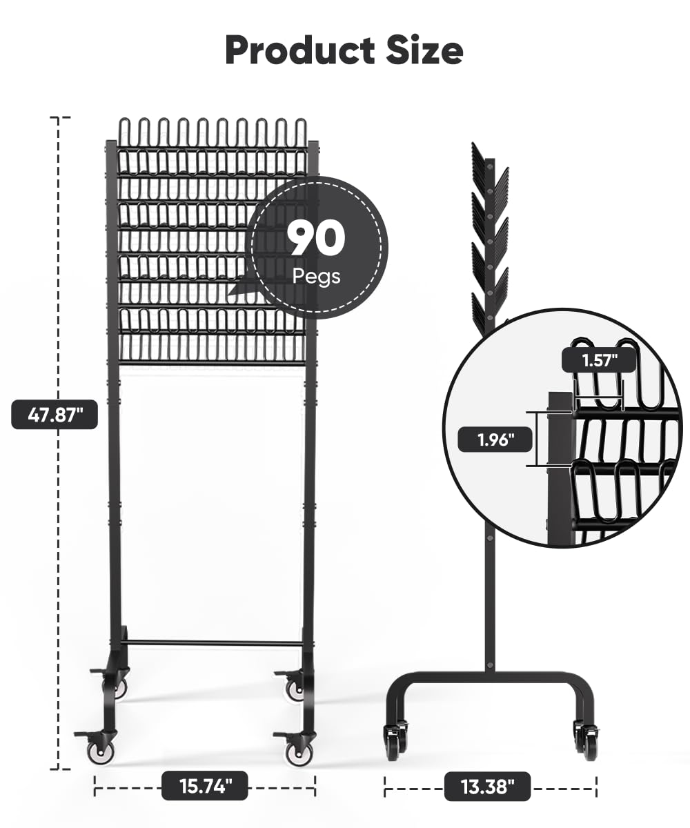 Tigerden 90 Pegs Braiding Hair Rack, Adjustable Metal Hair Separator Stand with Wheels, Hair Extension Holder for Hair Stylists, Braiders, Home, Salon, Beauty School, Black