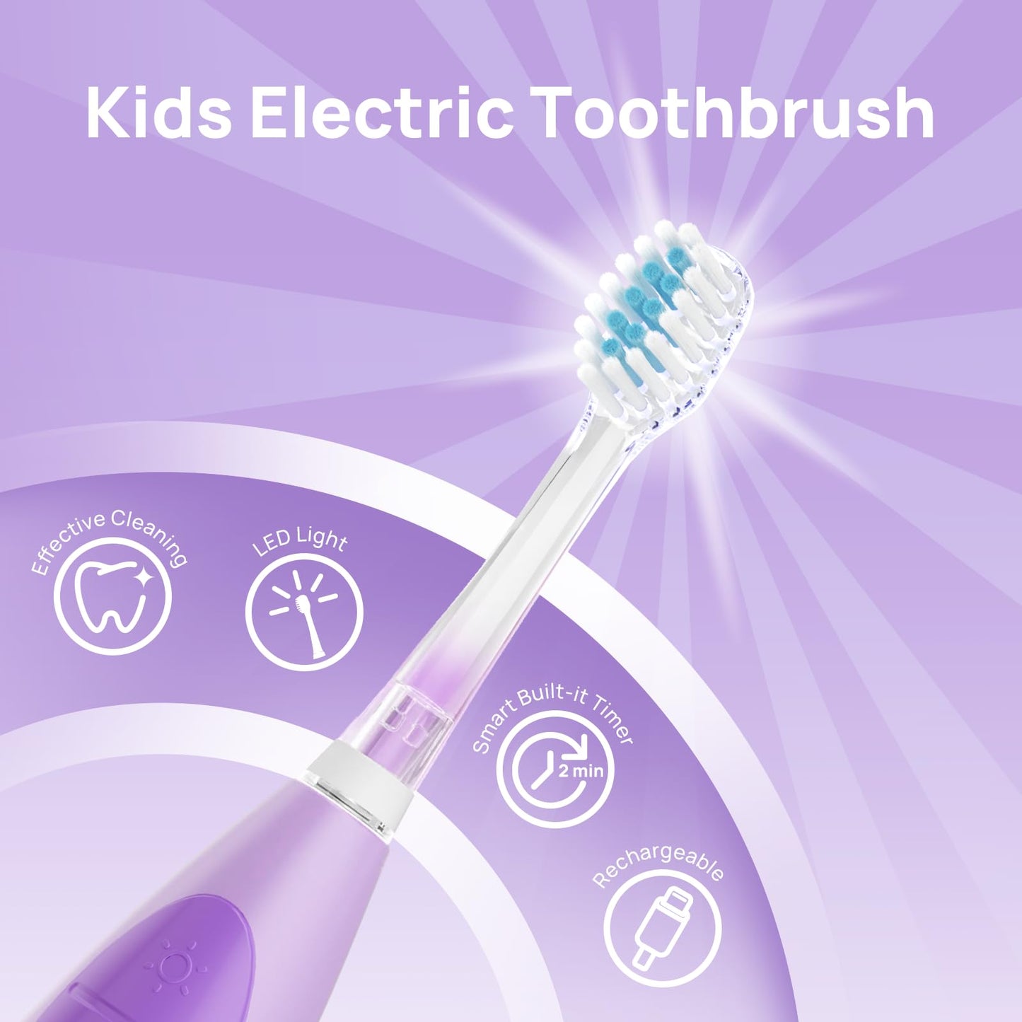 Papablic Kids Electric Toothbrush for Ages 4+ Children Girls and Boys, USB Rechargeable with Smart Brushing Timer, LED Light & 4 Replacement Brush Heads, Purple
