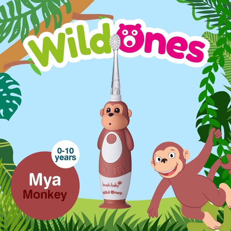 BrushBaby Kids Electric Toothbrush - Rechargeable Monkey Design with Flashing Lights | Deep Clean Bristles, Ages 0-10, 2 Heads