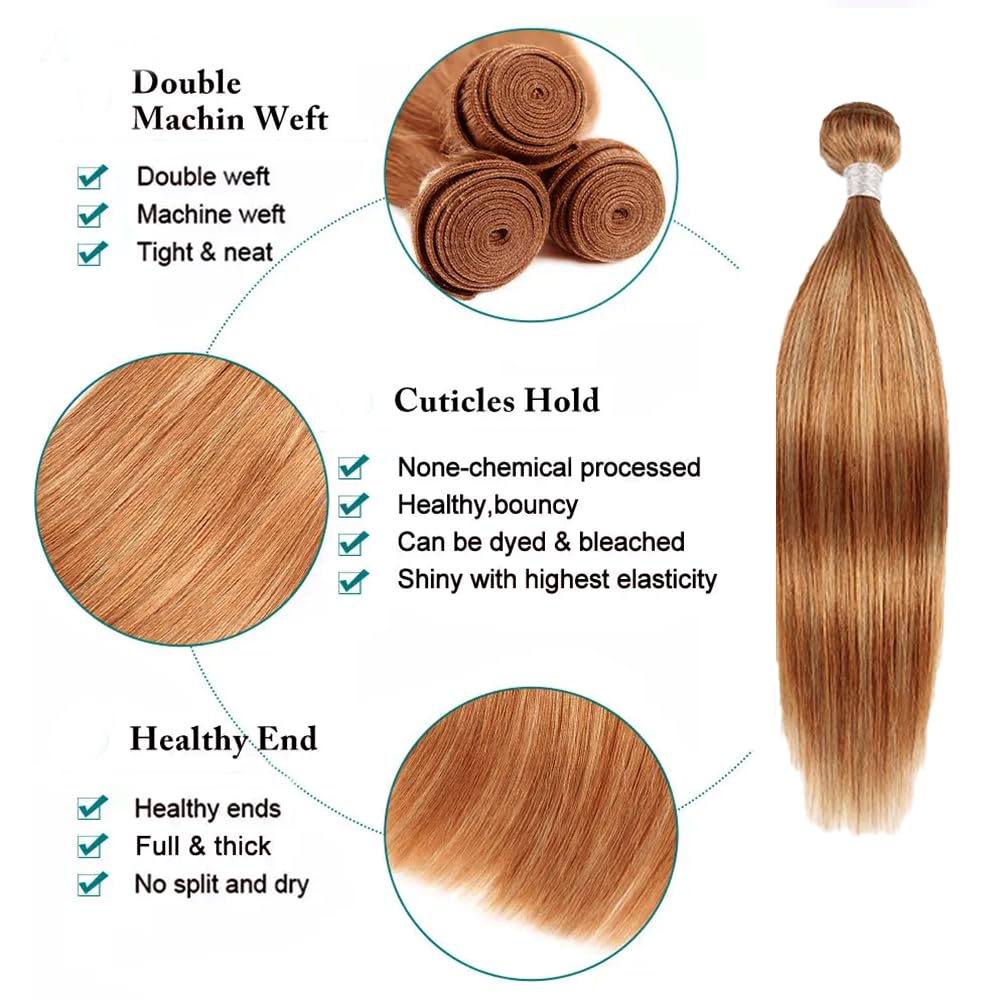 Color 27 Human Hair Bundles 27/30 Straight Bundle Highlight Bundle Human Hair Unprocessed Virgin Hair 3 Bundles 12 14 16 Inch